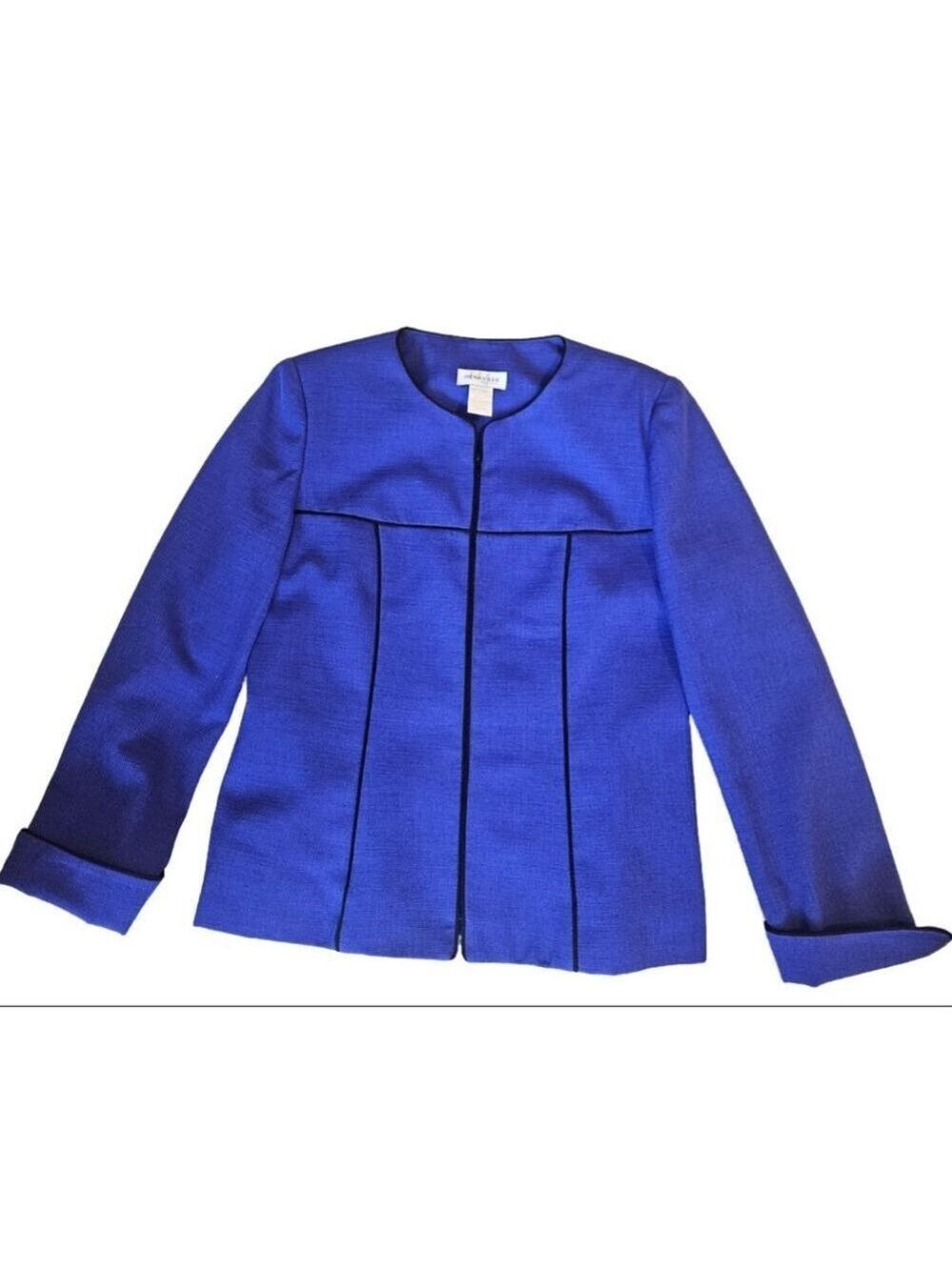 Women's Henry Lee Vintage Zip-Up Blazer Size 10 Blue Jacket Black Trim